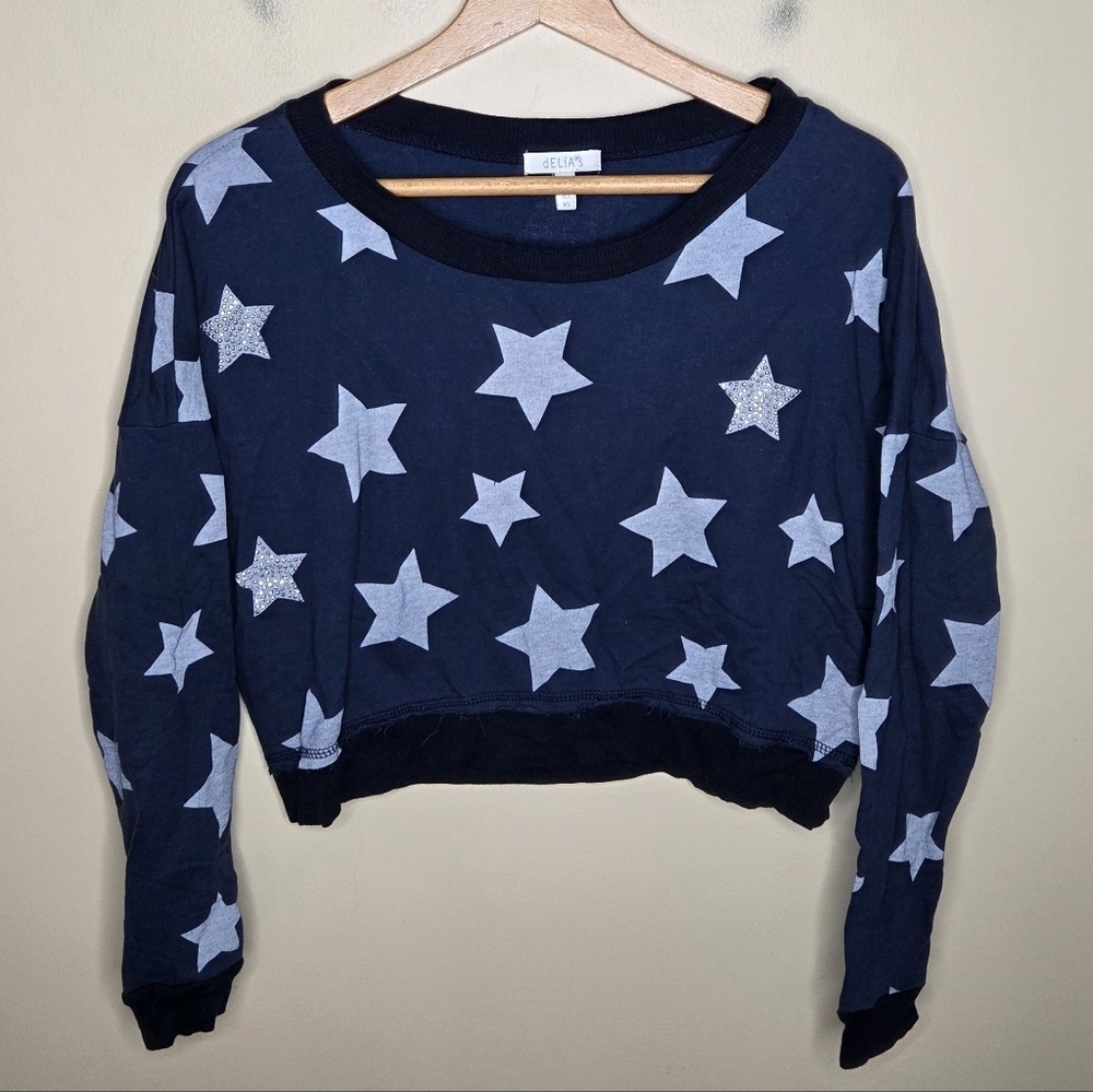Y2K Delia's Navy Blue Star Graphic Cropped Boxy Sweatshirt Size XS